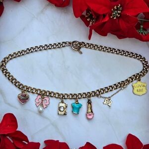 Juicy Couture Y2K Goldtone Charm Necklace Vintage Pink Bow Heart Shoe Camera